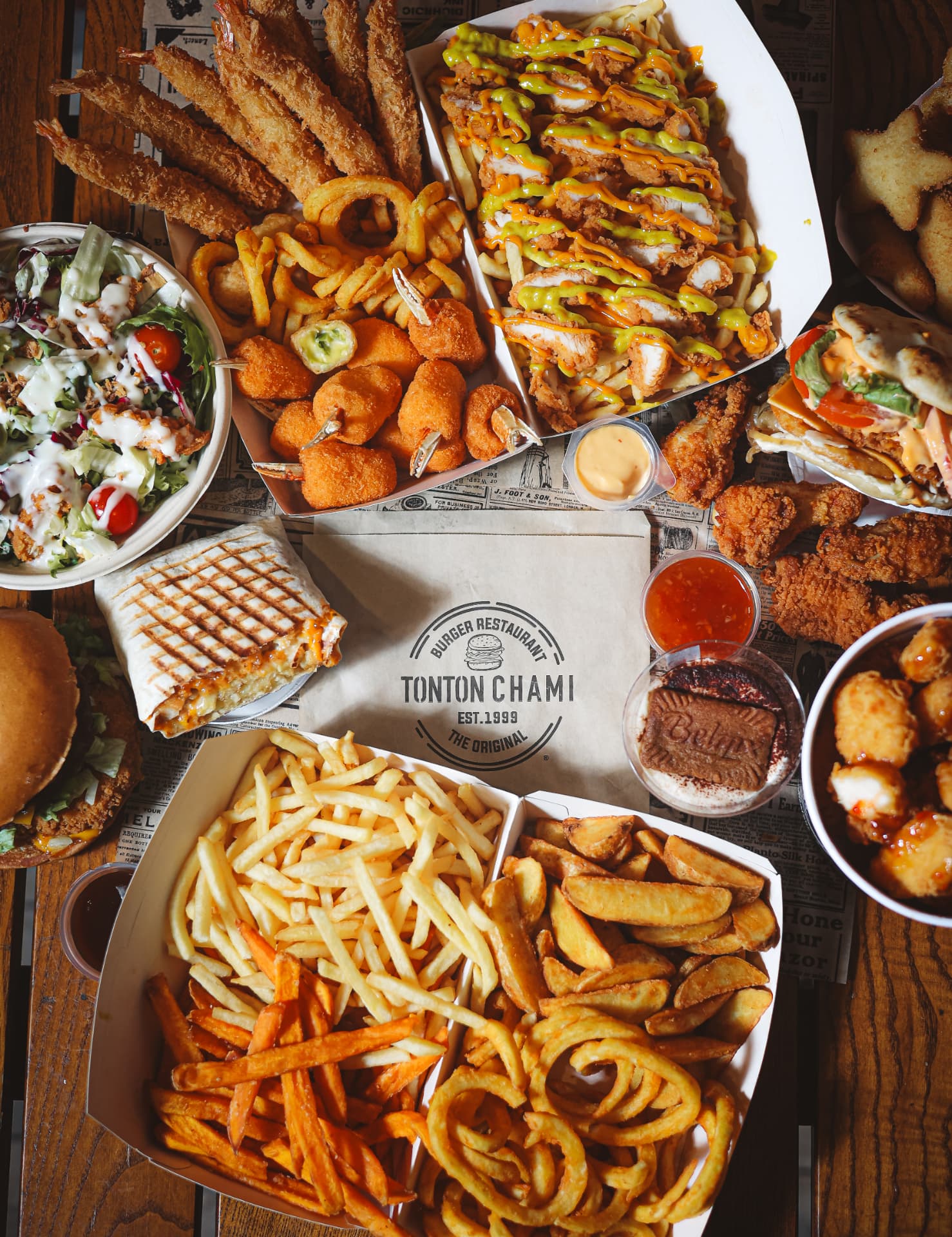 Grande tablée Tonton Chami : burgers, frites, tenders, scampis et desserts